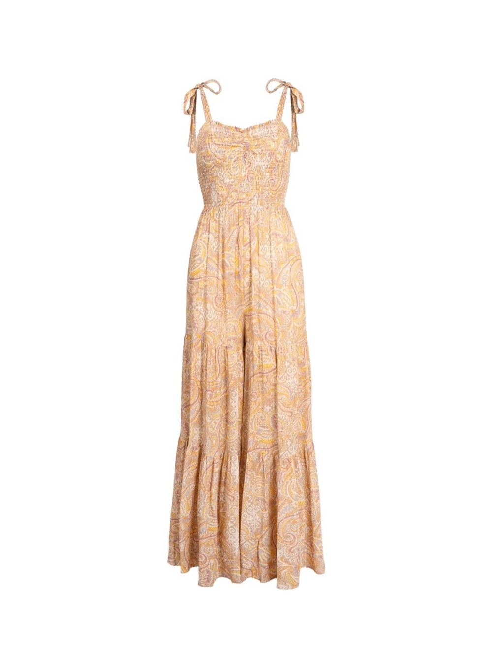 Jessica Simpson Spaghetti Strap Smocked Paisley Wide Leg Jumpsuit Yellow Beige